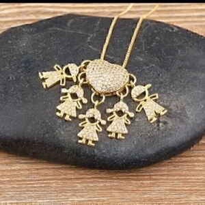 Gold Color Cubic Zirconia Family 3 Girls and 2 Boys Pendant Necklace Copper